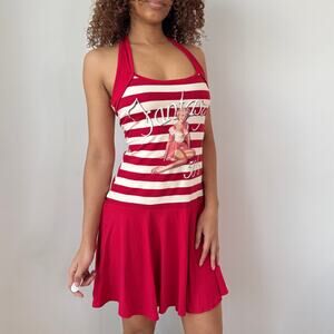 Vintage Red Stripe Pin-Up Halter Dress Graphic 50s Style (M)